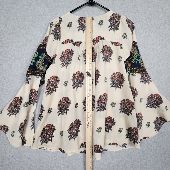 Entro Tunic Womens Medium Cream Multi Bell Sleeve Lace Up Pockets Boho Floral - Picture 8 of 11